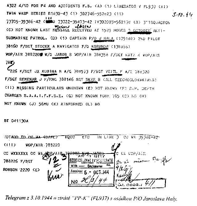 Telegram o ztr�t� pos�dky P/O J. Haly.